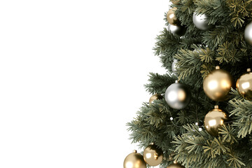 Close up christmas tree with balls decorations on white