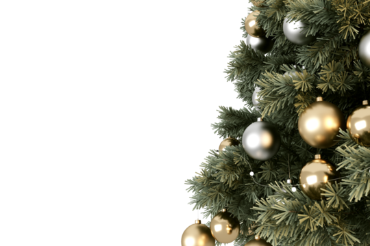 Close up christmas tree with balls decorations on white