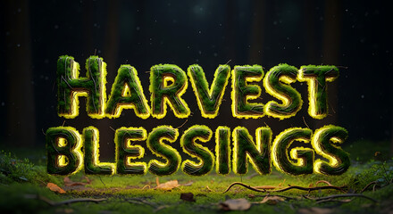 Harvest Blessings text made from glowing green moss and grass.