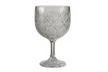 Elegant cut crystal drinking glass with intricate pattern reflecting light, isolated on transparent background