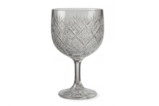 Elegant cut crystal drinking glass with intricate pattern reflecting light, isolated on transparent background