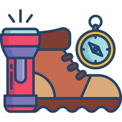 Brown Hiking Boot With Red Flashlight And Compass For Outdoor Adventure Exploration And Navigation