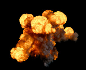 Aerial isolated Explosion with a burst of bright orange and yellow flames surrounded by dark smoke on a black background