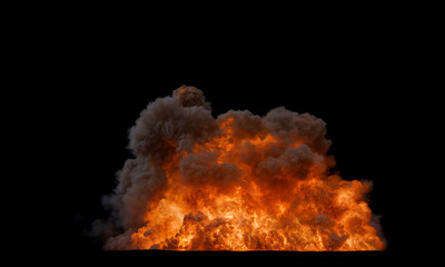Massive Oil Fire with dark and dense Smoke billowing upwards with Intense Flames showing big Combustion event on a black Background