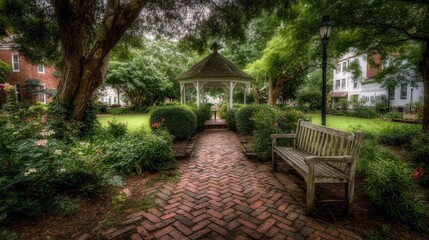 Obraz premium A peaceful garden square with a gazebo and park bench.