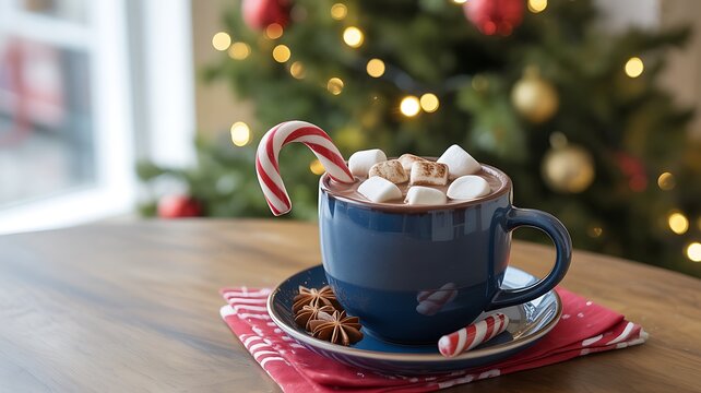 Cozy christmas hot chocolate with candy cane and marshmallows