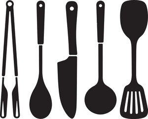 Organized Kitchen Utensils Silhouette with Tongs Knife Ladle Spoon and Spatula