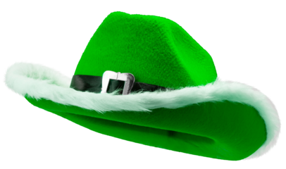 Green cowboy fancy hat with white fur trim and black belt isolated on white background with clipping path. Perfect for Christmas parties, costumes, or festive decoration PNG File.