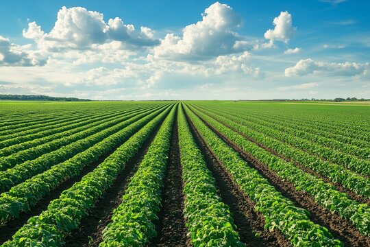 Lush Green Agricultural Crop Rows Under Blue Sky