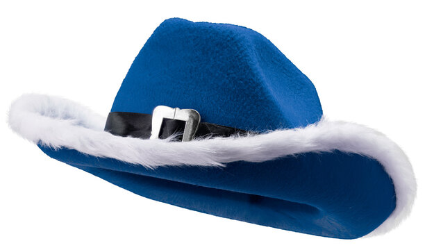 Blue cowboy fancy hat with white fur trim and black belt isolated on white background with clipping path. Perfect for Christmas parties, costumes, or festive decoration PNG File.