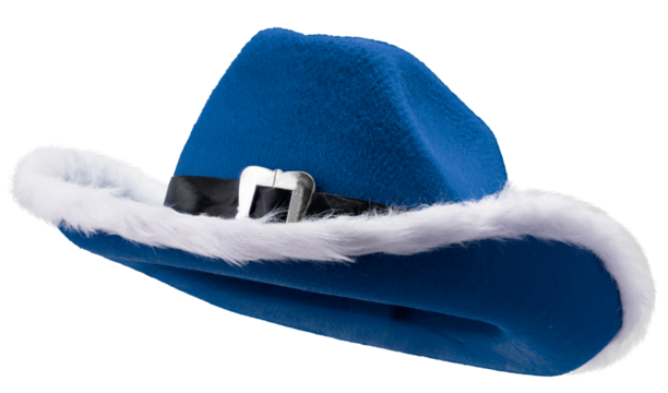 Blue cowboy fancy hat with white fur trim and black belt isolated on white background with clipping path. Perfect for Christmas parties, costumes, or festive decoration PNG File.