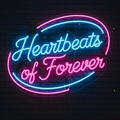 A vibrant neon sign displaying the phrase 'Heartbeats of Forever' in bright pink and blue colors against a dark brick wall background
