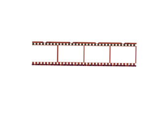 A blank 35mm film strip with a photo border and negative frames is isolated on a white background for a photography illustration design