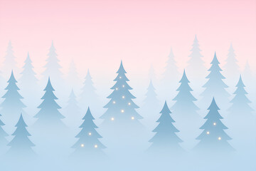 Obraz premium Minimal Christmas forest with glowing lights among pine trees, soft mist, pastel pink and blue gradient sky, clean modern wallpaper design
