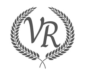 Initial letter V and R, VR monogram logo design with laurel wreath. Luxury calligraphy font.