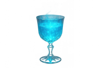 Glowing blue elixir in a vintage goblet for magic, fantasy, and mystical drink concepts, transparent background