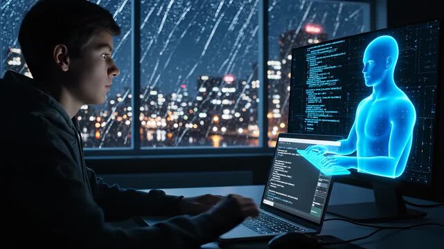 man at desk with computer and laptop. monitor displays code beside keyboard. hologram ai avatar hovers over screen. city skyline and rain streak across window at night. light glow reflects on glass.