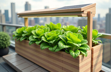 Urban Eco-Gardens:  Modular hydroponic lettuce garden with solar panel on an urban balcony