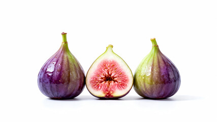 Fresh figs isolated on white background.. One halved, two in whole.