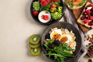 Breakfast superfoods, vegetarian food concept. Healthy lifestyle.