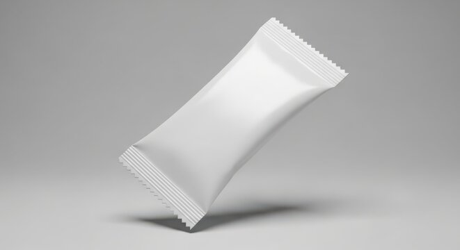 A white rectangular snack bar wrapper with serrated edges, isolated on a white background
