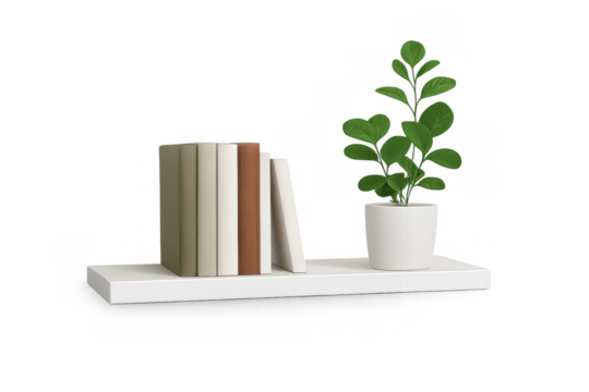Floating shelf with books and a houseplant, creating a minimalist home decor and interior design element on transparent background
