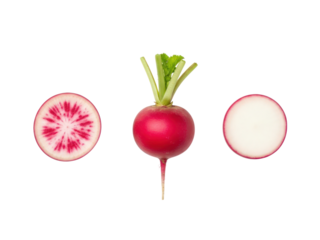 Fresh radish whole and sliced showing vibrant red skin and white flesh isolated