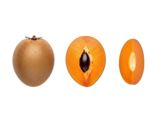 Fresh sapodilla fruit whole and halved revealing juicy orange flesh and dark seed