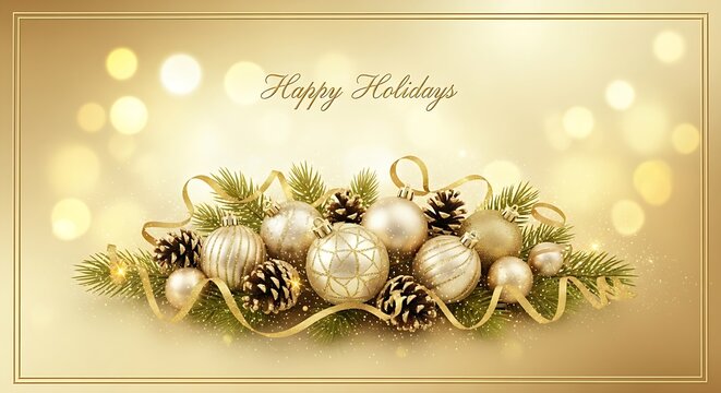 “Golden Christmas baubles and pine cones with soft lights, elegant festive greeting card layout featuring warm ‘Happy Holidays’ message.”