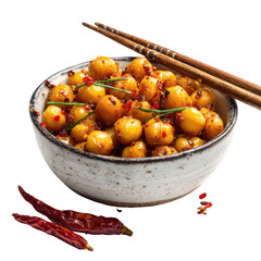 Crispy, spiced chickpeas in a bowl, with chopsticks and chili peppers