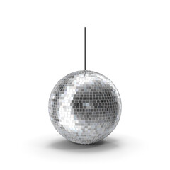 Hanging disco ball reflecting light against a black background