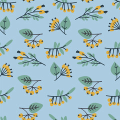 Seamless pattern with hand drawn with in Modern Folk style for winter holidays stylized bunches of currants Block Prints inspired by printmaking that uses wooden blocks to transfer repeating designs