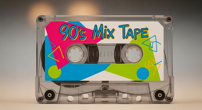 A colorful 90's Mix Tape cassette with vibrant geometric patterns and bold text, representing nostalgic music culture from the 1990s