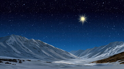 Christmas star shines over snowy mountains under a starry night sky