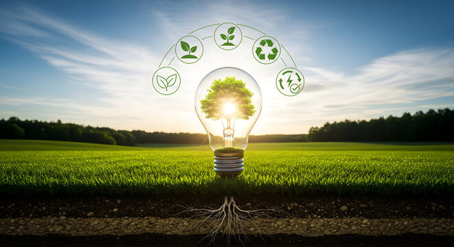 Sustainable future concept healthy tree inside lightbulb with green icons over field