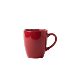 Obraz premium A glossy deep red ceramic mug with a C-shaped handle sits against a pure black background with soft studio lighting highlighting its smooth curves and reflective surface.