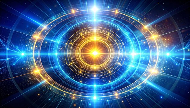 Mystical blockchain core emitting radiant blue and gold energy streams, surrounded by interconnected data rings in a surreal cyber atmosphere