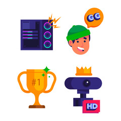 A vibrant collection of vector icons representing video gaming culture and live streaming elements