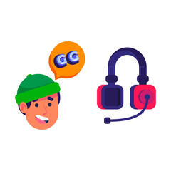 Person with speech bubble, initials and headphones, representation of communication