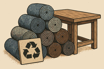 A collection of rolled-up recycled carpets stacked beside a wooden stool, featuring a prominent recycling symbol in the foreground.