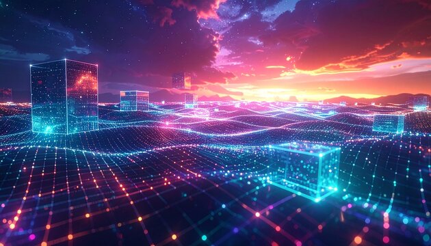 Enchanted digital landscape with glowing blockchain grids, floating transparent cubes, and waves of iridescent light spreading across a virtual horizon. 