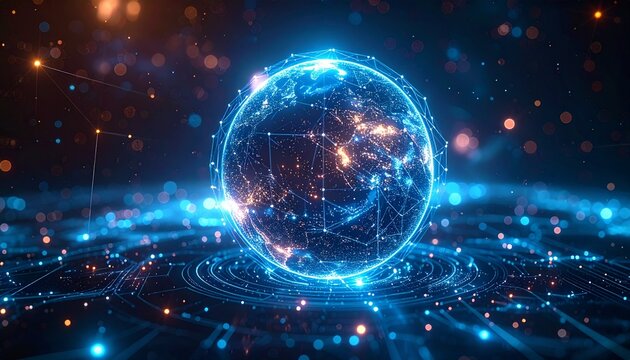 Abstract blockchain sphere surrounded by luminous nodes, holographic circuits, and shimmering particles symbolizing infinite secure connections