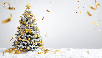 A bright and festive social media banner design with a white snow-covered Christmast