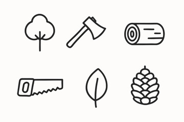 Forest themed icons: tree, axe, log, saw, leaf, cone illustrations
