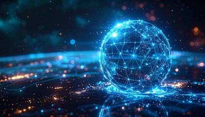 Abstract blockchain sphere surrounded by luminous nodes, holographic circuits, and shimmering particles symbolizing infinite secure connections