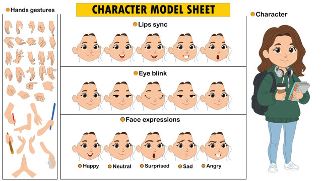 Cheerful Girl Character Constructor Kit. Editable Female Kid Model Sheet with Emotions and Poses.