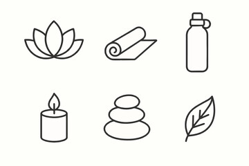Minimalist wellness icons set featuring yoga mat, candle, and water bottle