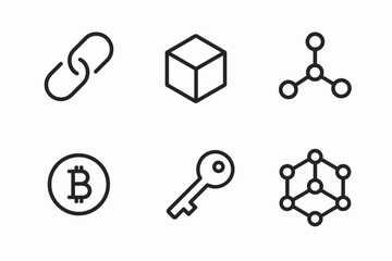Blockchain and cryptocurrency icon set featuring bitcoin and blockchain concepts