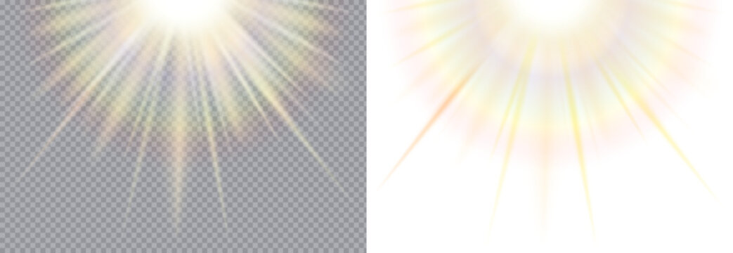 Sunlight beam with rainbow glow and transparency, creating a bright and magical overlay effect. Great for design, illustration, and light textures. Rainbow light rays. Colorful sunlight overlay.