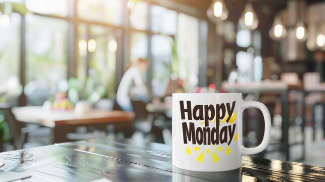 White ceramic mug with Happy Monday text on wooden table in bright cafe interior with blurred people in background.